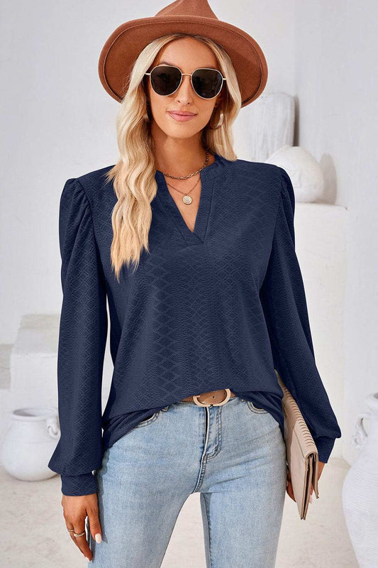 Ruched Notched Long Sleeve T-Shirt - Trendsi - Flyclothing LLC