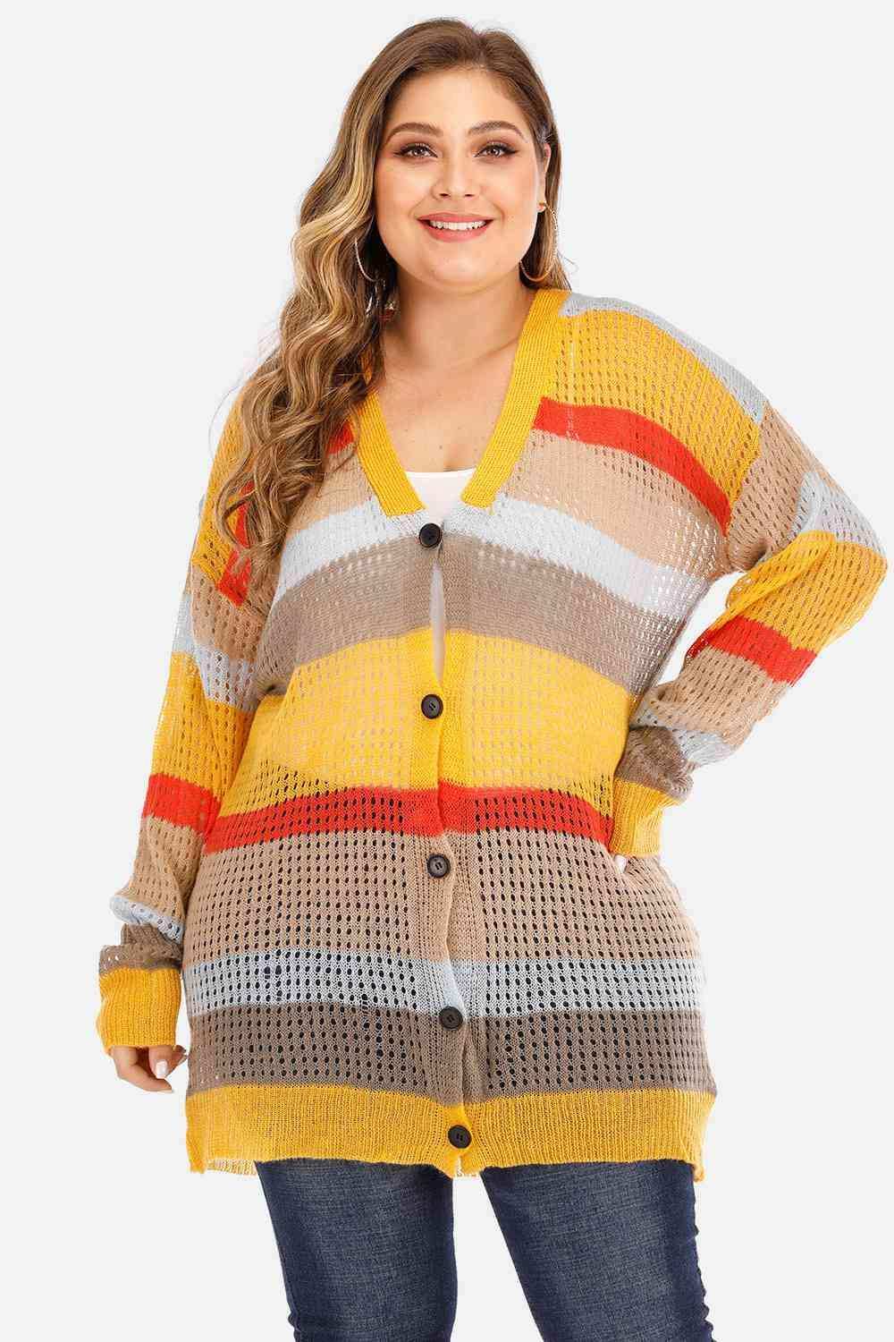 Plus Openwork Color Block Button Up Cardigan - Trendsi - Flyclothing LLC