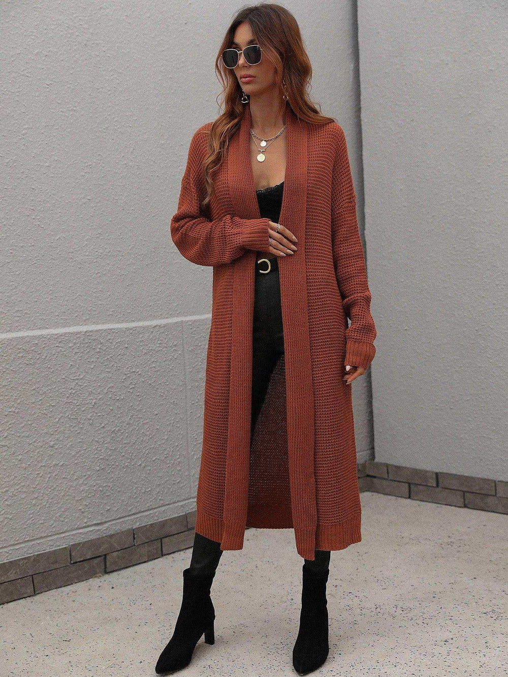Waffle Knit Open Front Duster Cardigan With Pockets - Trendsi - Flyclothing LLC