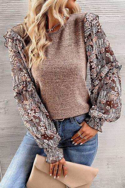 Heathered Floral Frill Lantern Sleeve Blouse - Trendsi - Flyclothing LLC