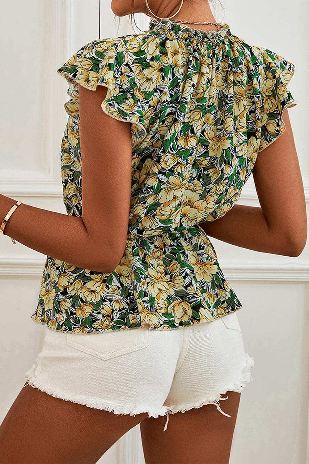 Floral Mock Neck Flutter Sleeve Peplum Top - Trendsi - Flyclothing LLC