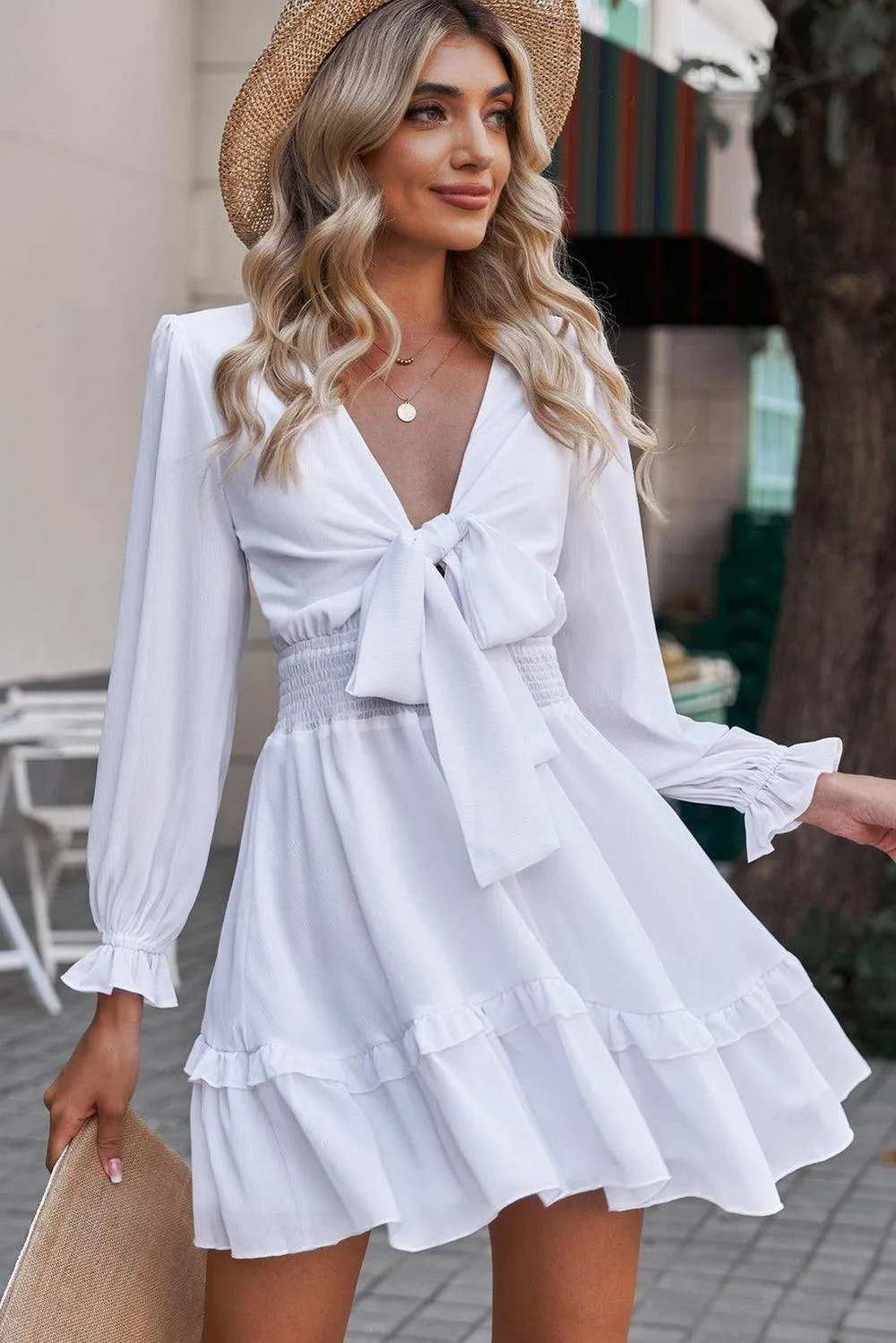 Tied Plunge Smocked Waist Flounce Sleeve Dress - Trendsi - Flyclothing LLC