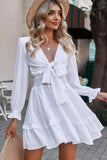 Tied Plunge Smocked Waist Flounce Sleeve Dress - Trendsi - Flyclothing LLC