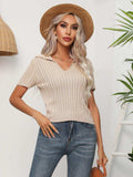 Cable-Knit Johnny Collar Short Sleeve Knit Top - Trendsi - Flyclothing LLC