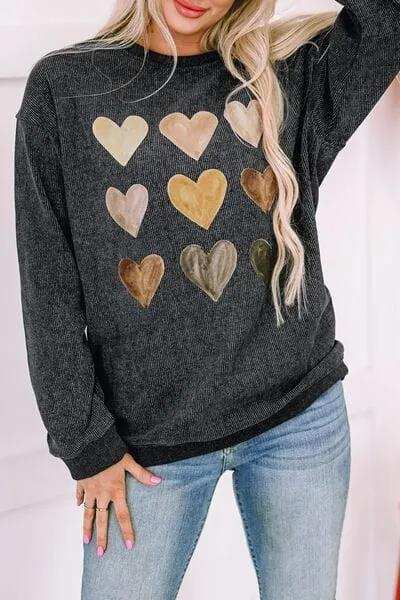Heart Round Neck Dropped Shoulder Sweatshirt - Trendsi - Flyclothing LLC