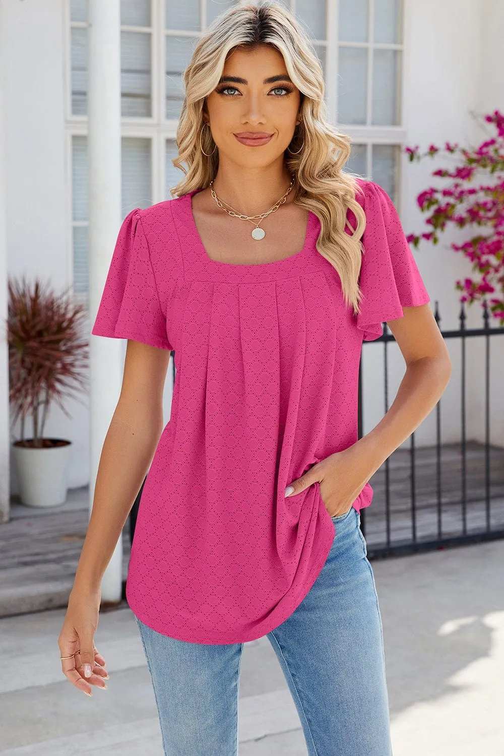 Eyelet Square Neck Flutter Sleeve Blouse - Trendsi - Flyclothing LLC