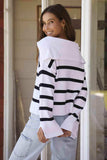 Striped Collared Neck Slit Sweater - Trendsi - Flyclothing LLC