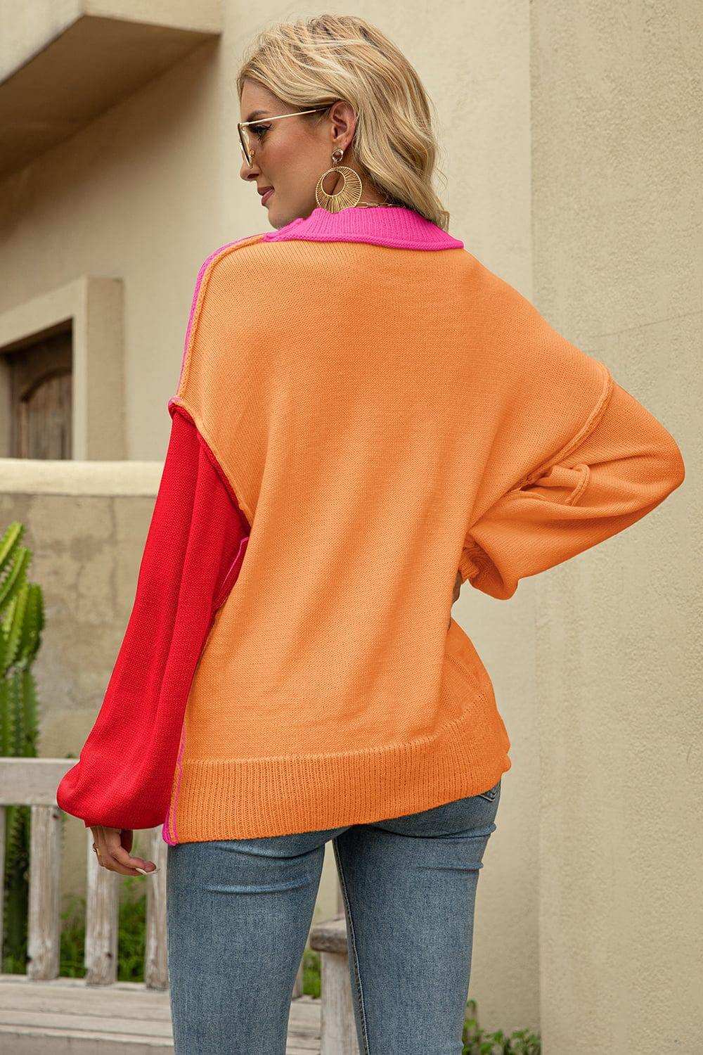 Color Block Round Neck Dropped Shoulder Sweater - Trendsi - Flyclothing LLC