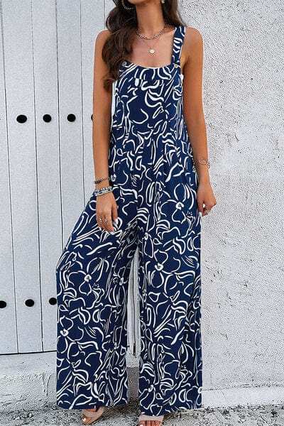 Printed Wide Strap Jumpsuit with Pockets - Trendsi - Flyclothing LLC