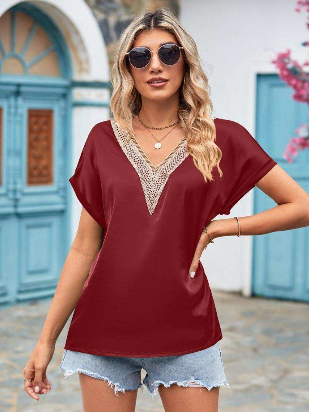 V-Neck Cuffed Blouse - Trendsi - Flyclothing LLC