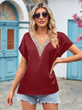 V-Neck Cuffed Blouse - Trendsi - Flyclothing LLC
