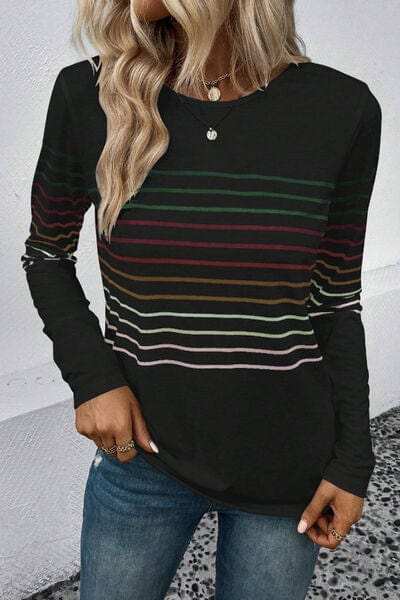 Striped Round Neck Long Sleeve T-Shirt - Trendsi - Flyclothing LLC