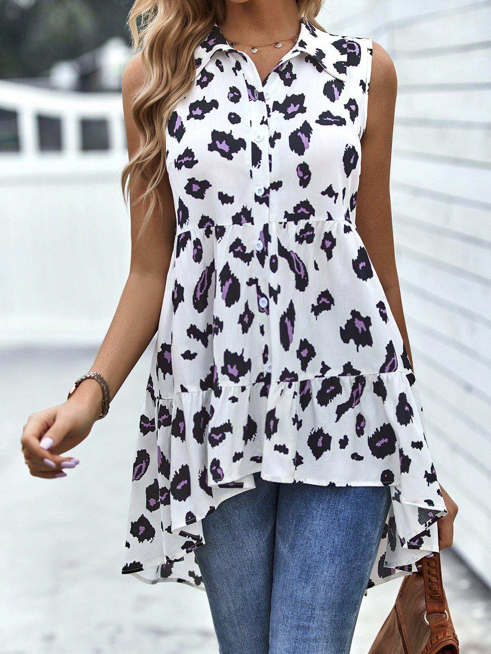 Leopard High-Low Sleeveless Shirt - Trendsi - Flyclothing LLC