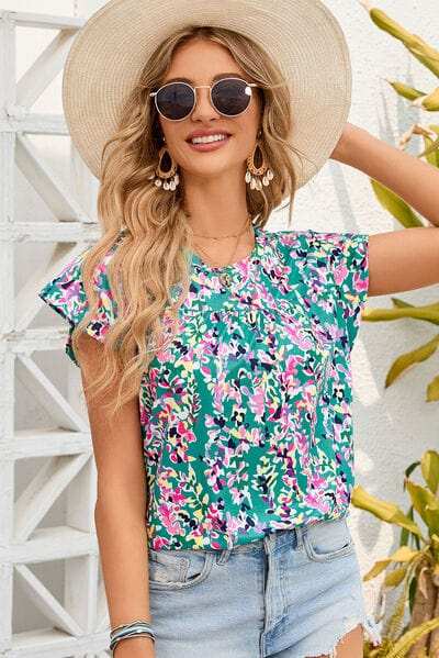 Printed Round Neck Cap Sleeve Blouse - Trendsi - Flyclothing LLC