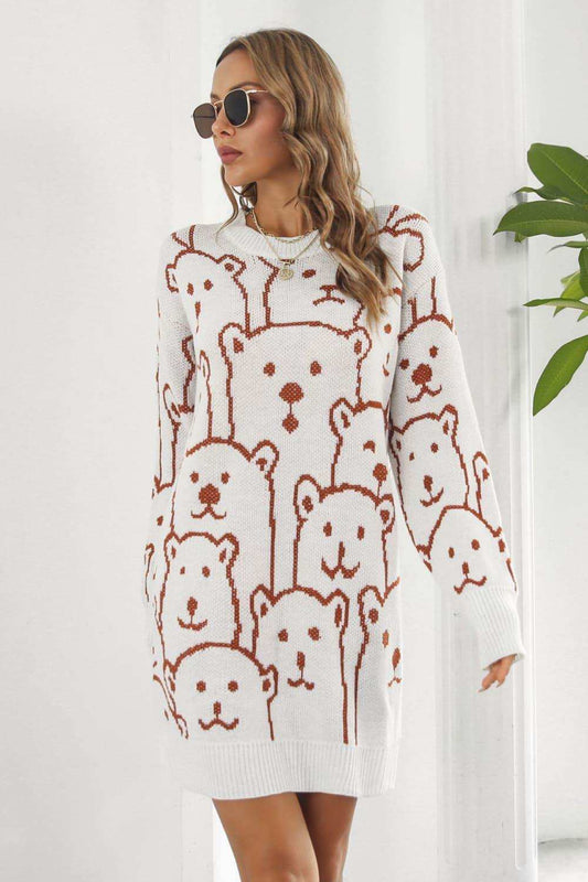 Bear Pattern Round Neck Sweater Dress - Trendsi - Flyclothing LLC