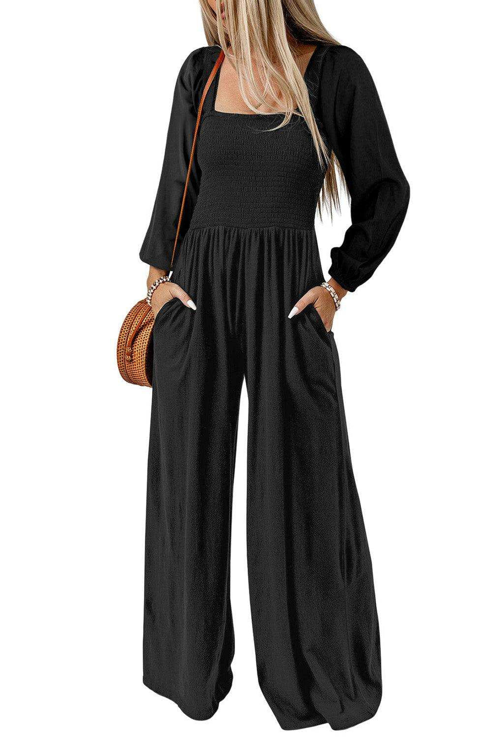 Square Neck Raglan Sleeve Jumpsuit with Pocket - Trendsi - Flyclothing LLC