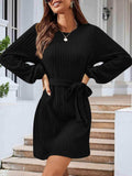 Round Neck Tie Front Long Sleeve Dress - Trendsi - Flyclothing LLC
