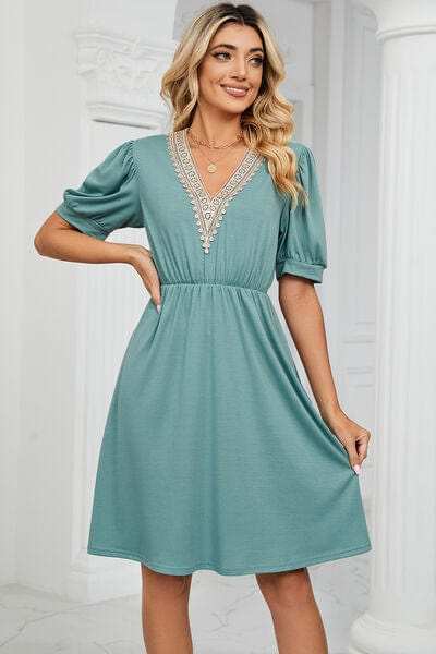 V-Neck Puff Sleeve Dress - Trendsi - Flyclothing LLC