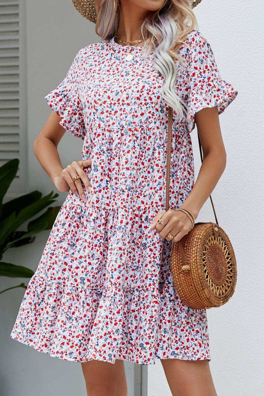 Ditsy Floral Flounce Sleeve Tiered Dress - Trendsi - Flyclothing LLC