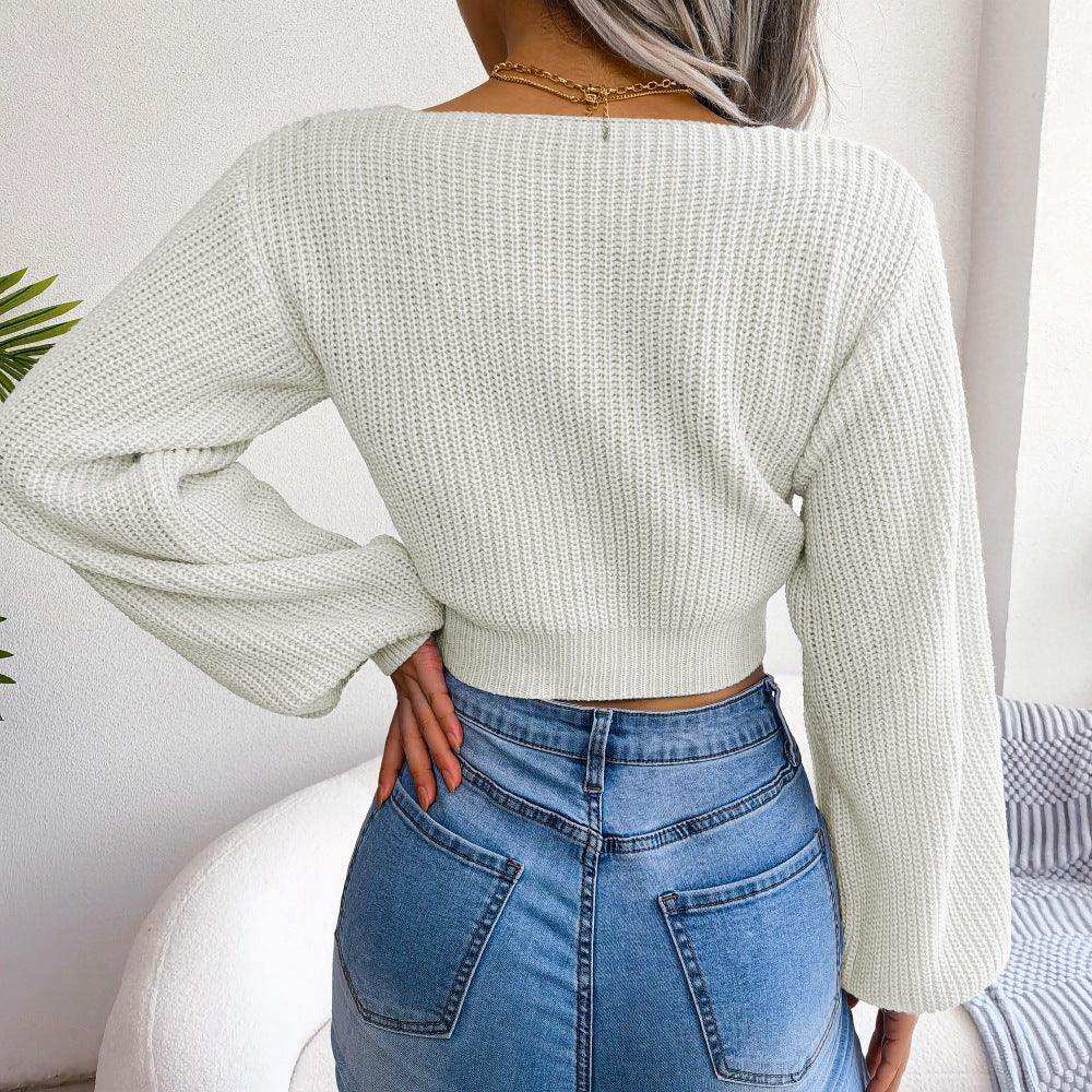 Tie-Front Rib-Knit Cropped Sweater - Trendsi - Flyclothing LLC