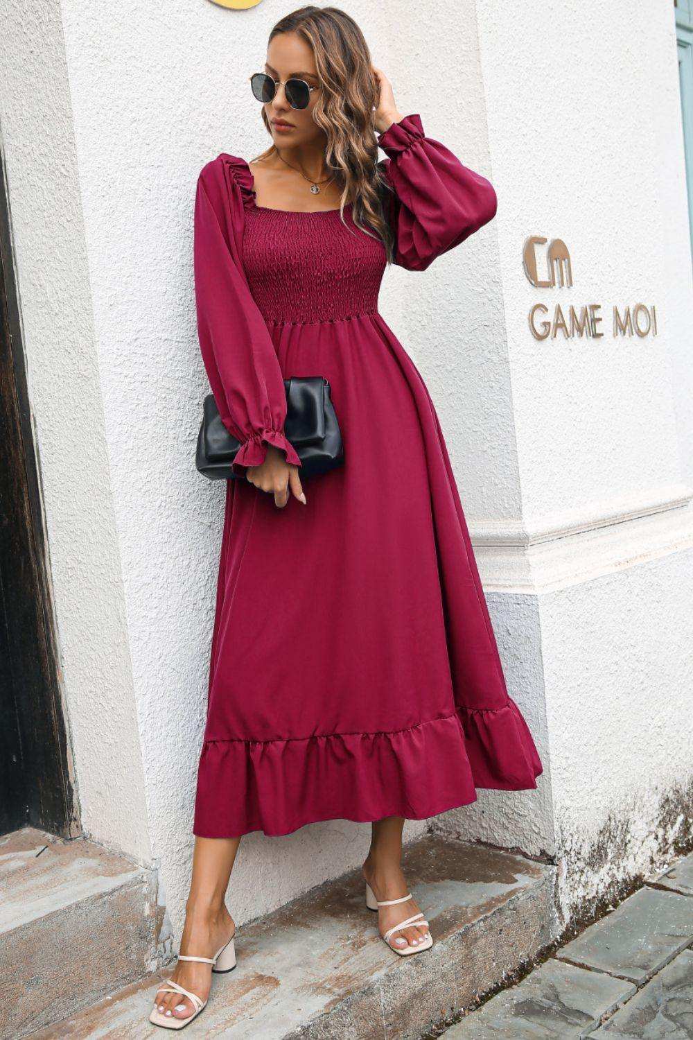 Smocked Ruffle Hem Flounce Sleeve Dress - Trendsi - Flyclothing LLC