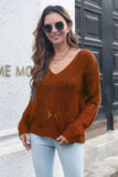 Openwork V-Neck Dropped Shoulder Sweater - Trendsi - Flyclothing LLC