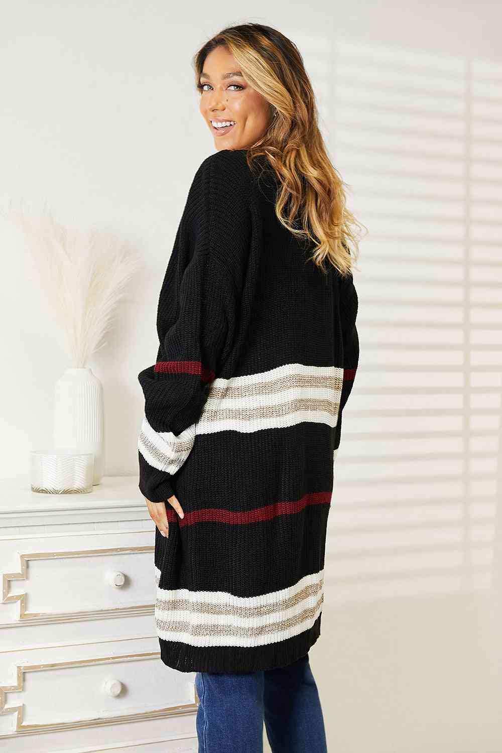 Double Take Striped Rib-Knit Drop Shoulder Open Front Cardigan - Trendsi - Flyclothing LLC