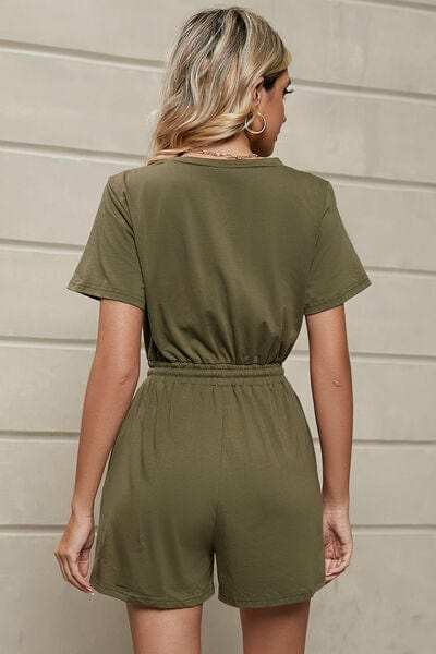 Drawstring Half Button Short Sleeve Romper - Trendsi - Flyclothing LLC