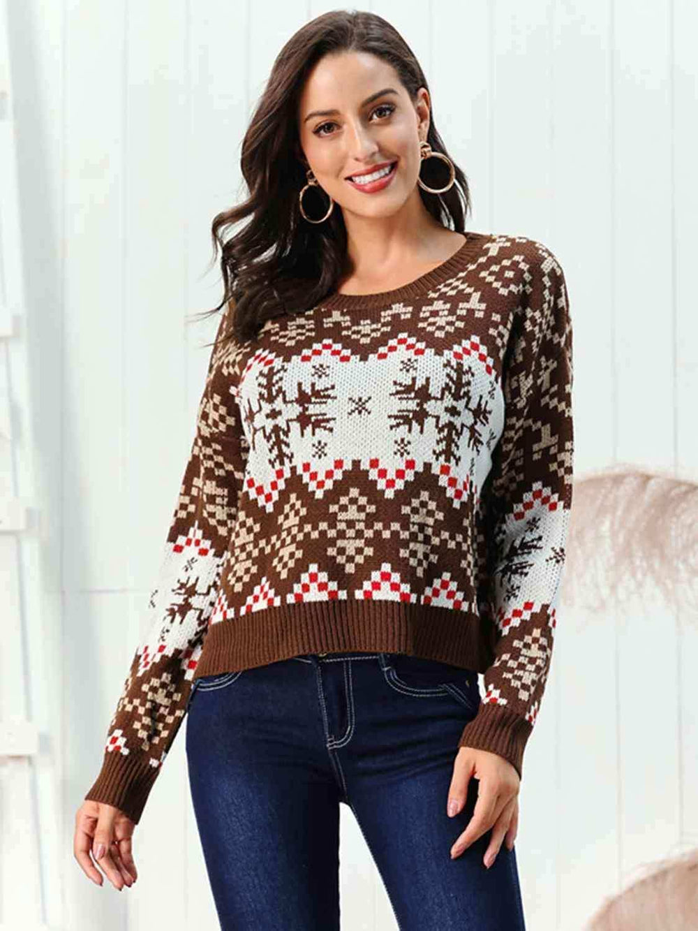 Snowflake Pattern Round Neck Sweater - Trendsi - Flyclothing LLC
