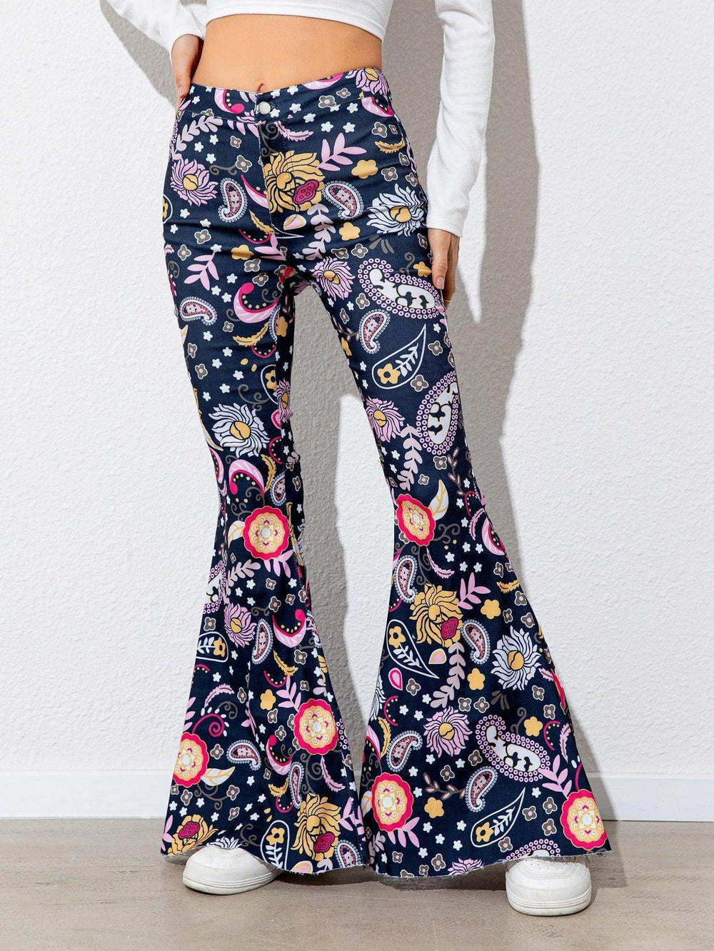 Floral High Waist Flare Leg Pants - Trendsi - Flyclothing LLC