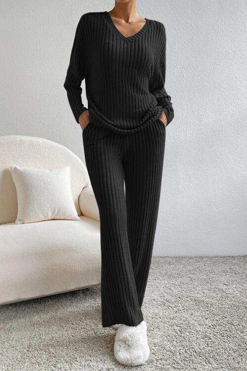 Ribbed V-Neck Top and Pants Set - Trendsi - Flyclothing LLC