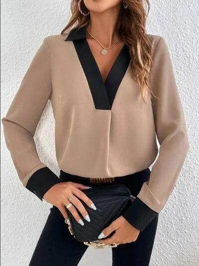 Contrast Trim V-Neck Long Sleeve Blouse - Trendsi - Flyclothing LLC