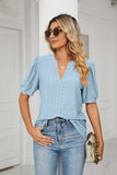 Eyelet Short Puff Sleeve Notched Neck Top - Trendsi - Flyclothing LLC