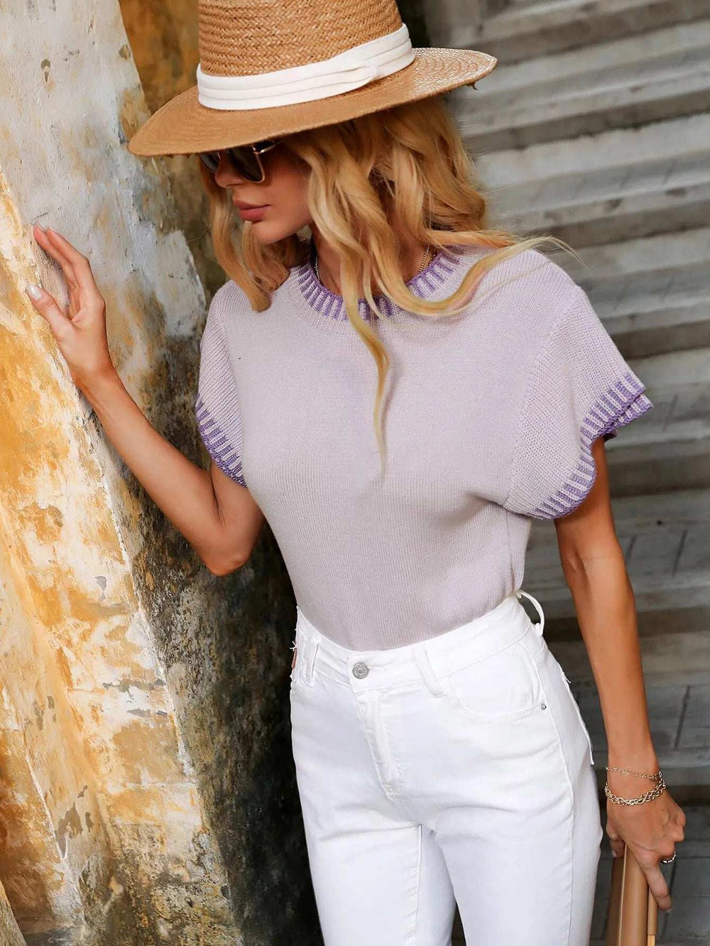 Contrast Round Neck Short Sleeve Knit Top - Trendsi - Flyclothing LLC