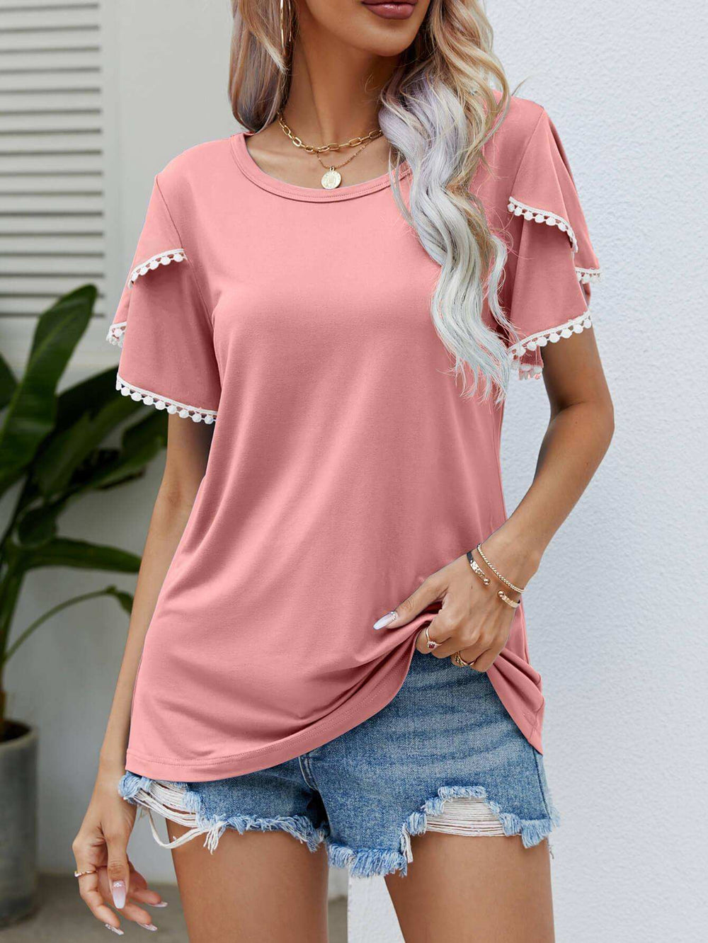 Pom-Pom Trim Flutter Sleeve Round Neck Tee - Trendsi - Flyclothing LLC