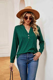 Buttoned Notched Neck Long Sleeve Top - Trendsi - Flyclothing LLC