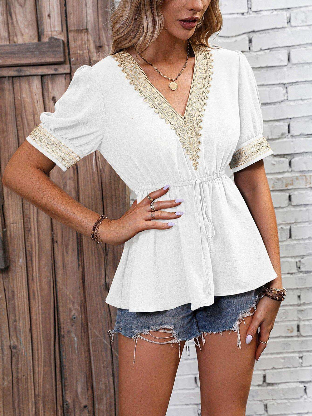 Contrast V-Neck Babydoll Top - Trendsi - Flyclothing LLC