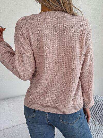 Cable-Knit Round Neck Long Sleeve Sweater - Trendsi - Flyclothing LLC