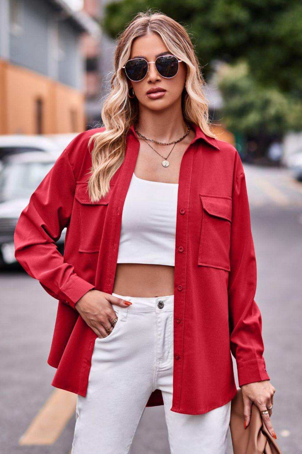 Dropped Shoulder Longline Shirt with Pockets - Trendsi - Flyclothing LLC