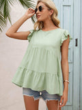 Round Neck Flutter Sleeve Tiered Blouse - Trendsi - Flyclothing LLC