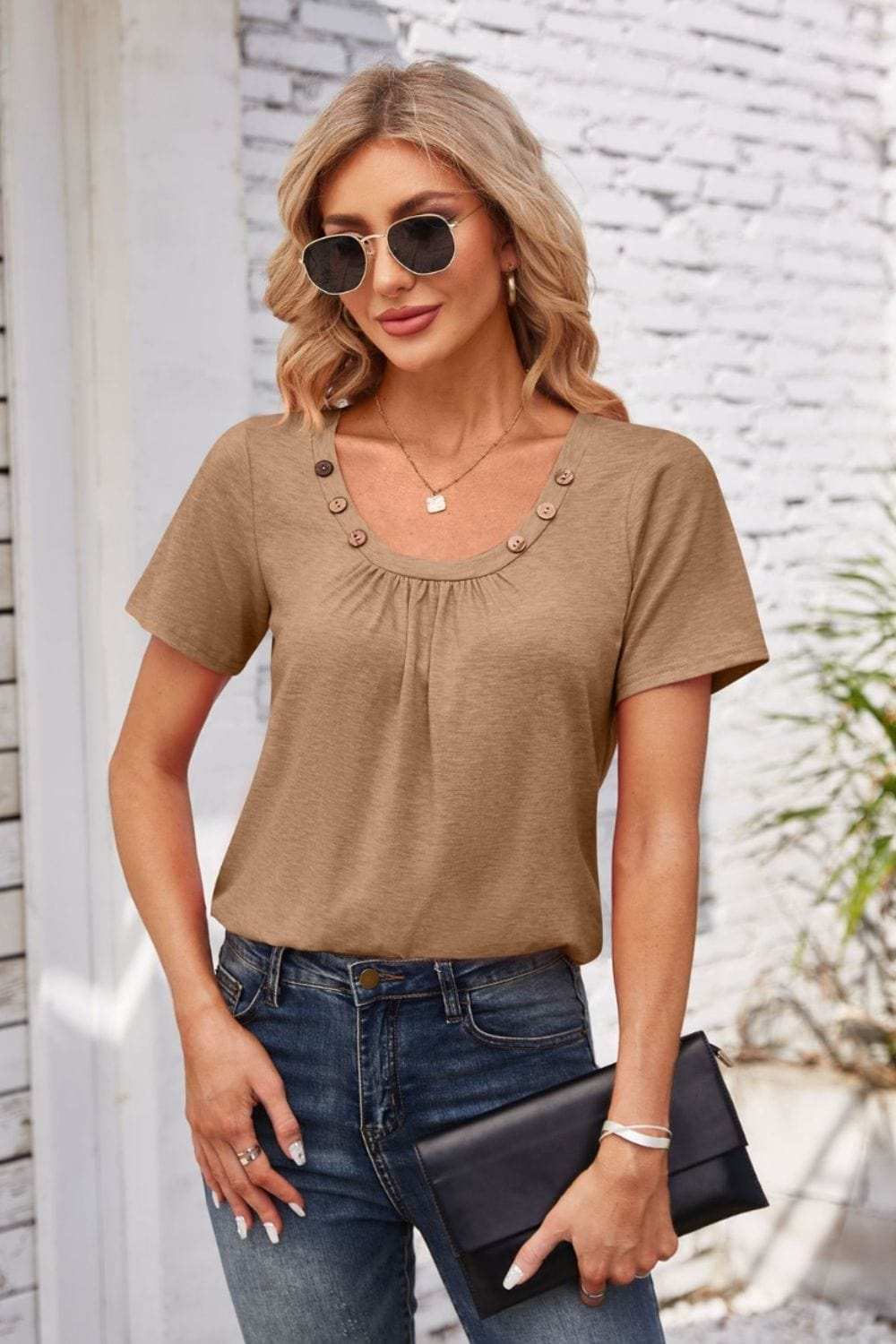 Decorative Button Scoop Neck T-Shirt - Trendsi - Flyclothing LLC