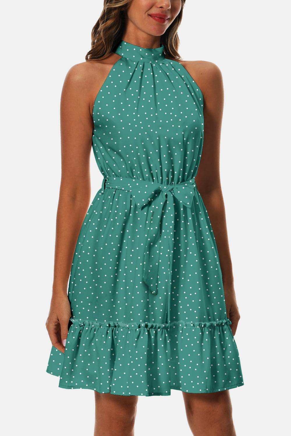 Printed Tie Waist Frill Trim Dress - Trendsi - Flyclothing LLC