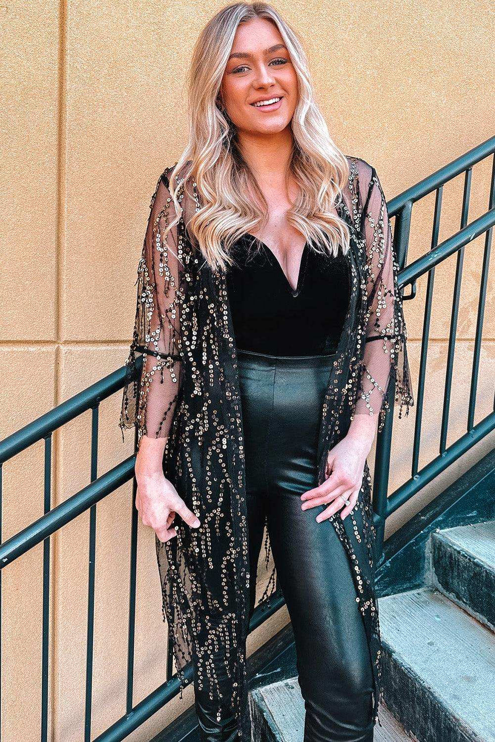 Sequin Open Front Sheer Cardigan - Trendsi - Flyclothing LLC