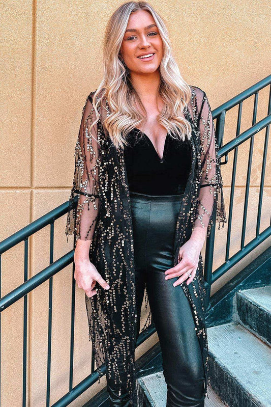 Sequin Open Front Sheer Cardigan - Trendsi - Flyclothing LLC