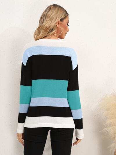 Striped Round Neck Dropped Shoulder Sweater - Trendsi - Flyclothing LLC