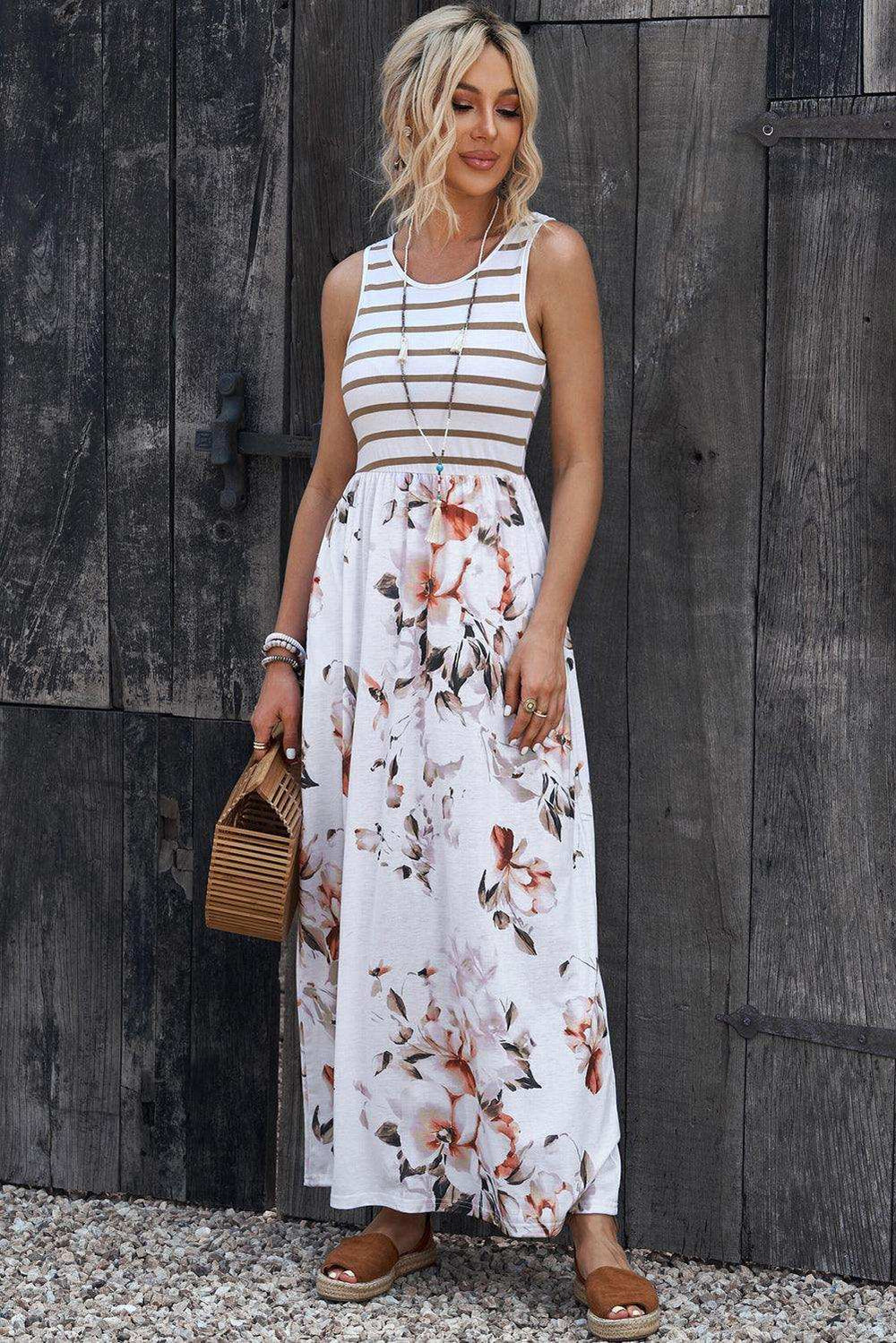 Striped Floral Round Neck Sleeveless Maxi Dress - Trendsi - Flyclothing LLC