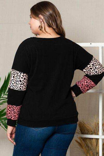 Plus Size Leopard Dropped Shoulder Long Sleeve T-Shirt - Trendsi - Flyclothing LLC