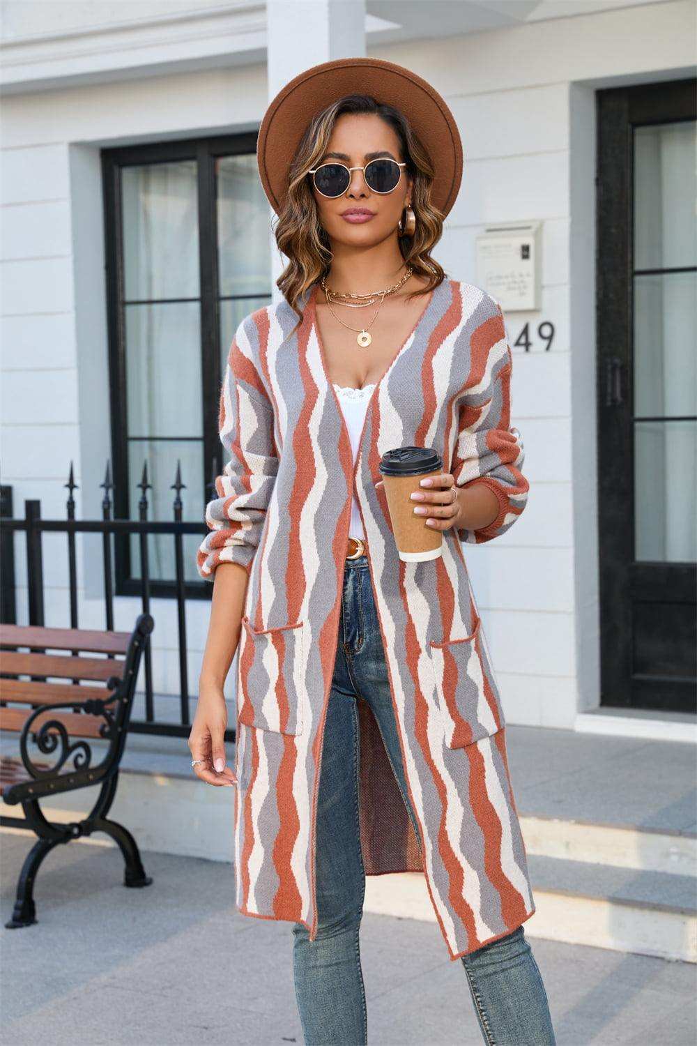 Printed Open Front Pocketed Cardigan - Trendsi - Flyclothing LLC