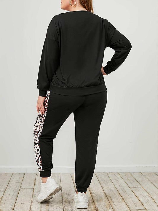 Plus Size Leopard Sweatshirt and Sweatpants Set - Trendsi - Flyclothing LLC