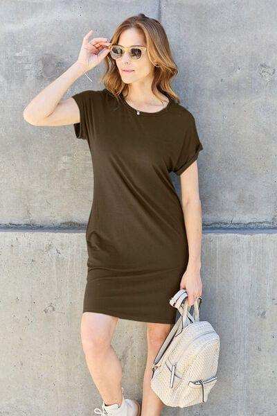 Basic Bae Full Size Round Neck Short Sleeve Dress with Pockets - Trendsi - Flyclothing LLC